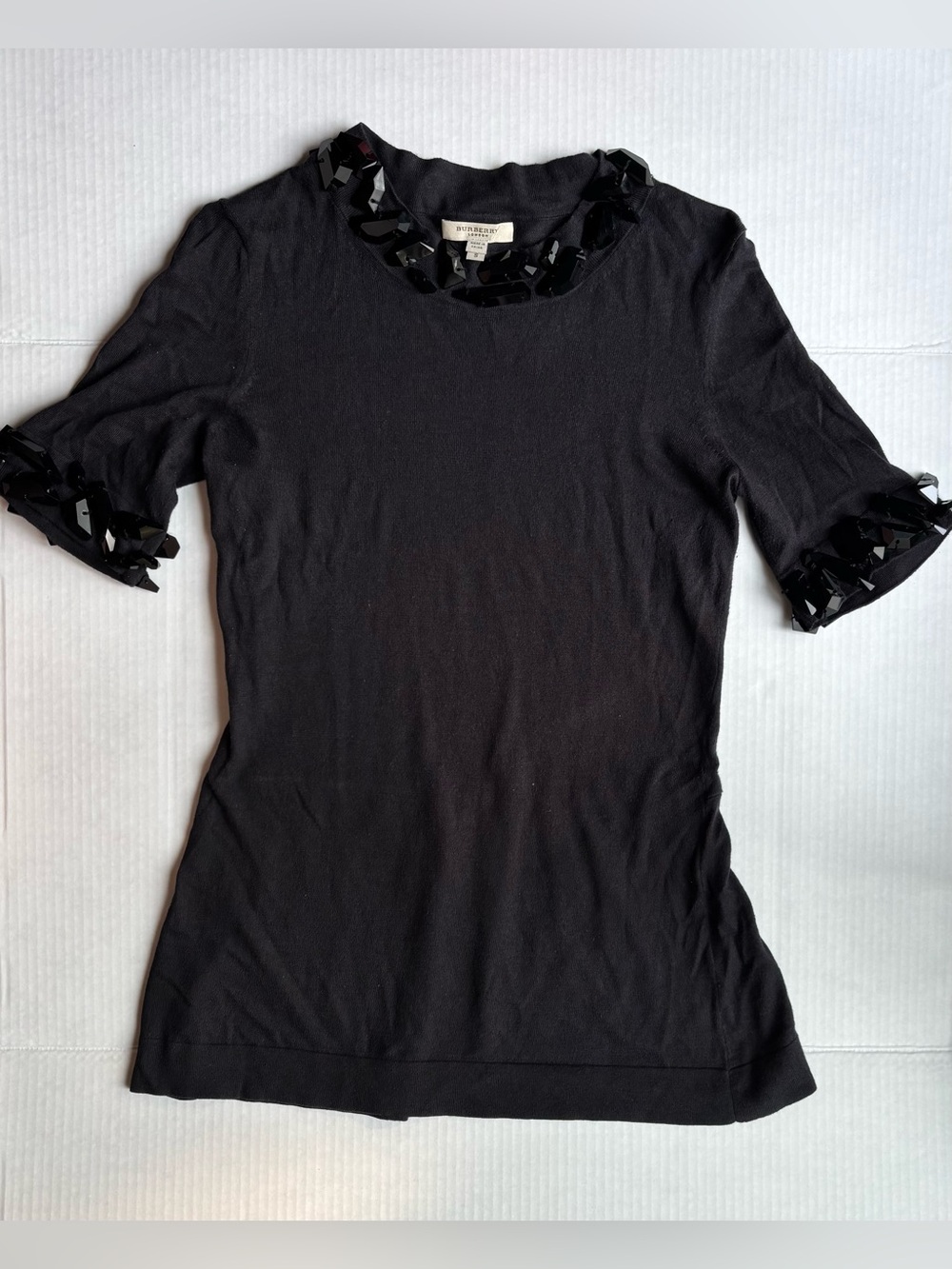 Burberry London Black Beaded Short Sleeve knit top peplum back cotton cashmere